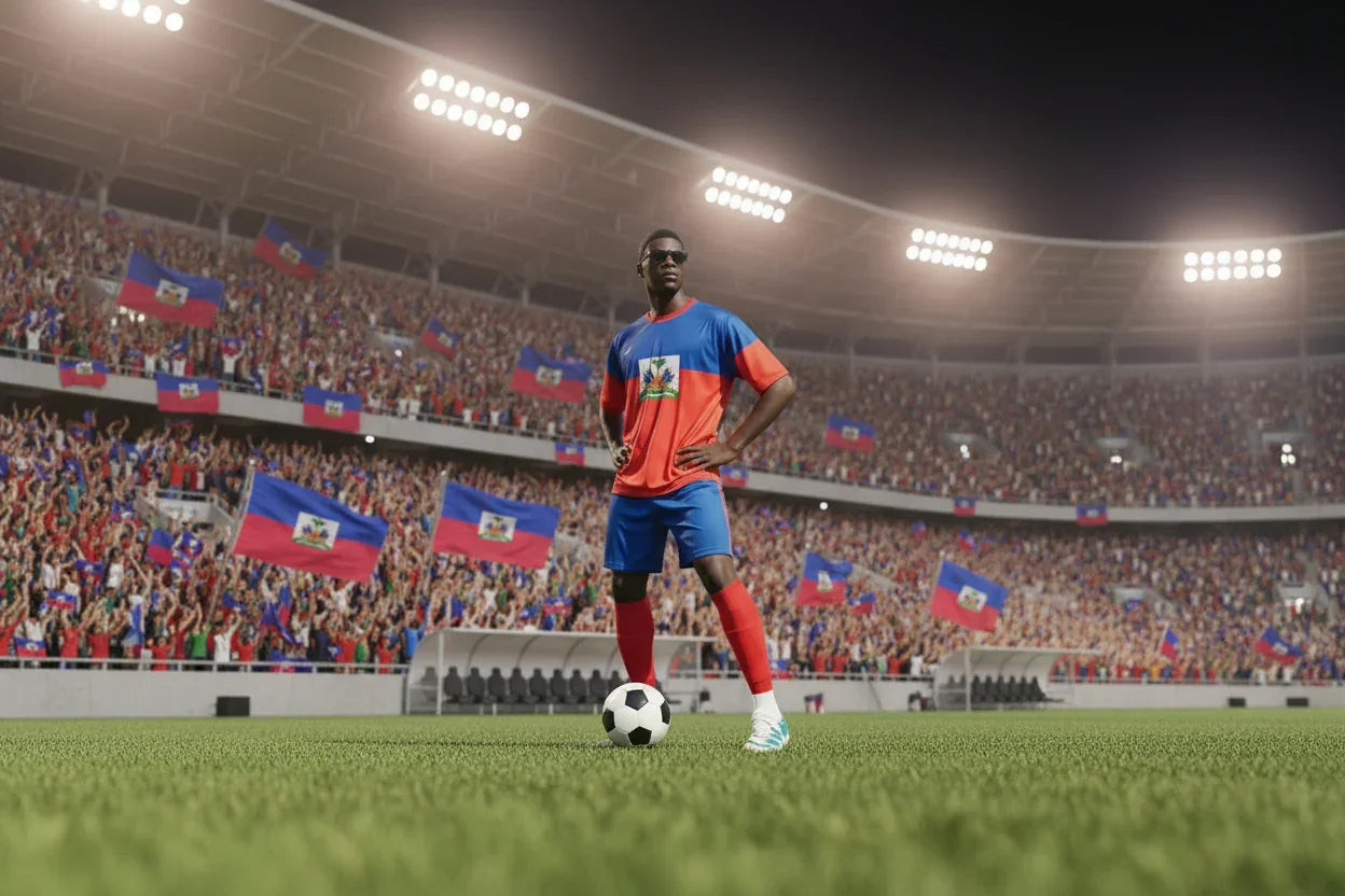 Haitian soccer player on field, wearing national colors, with cheering crowd and flags in stadium